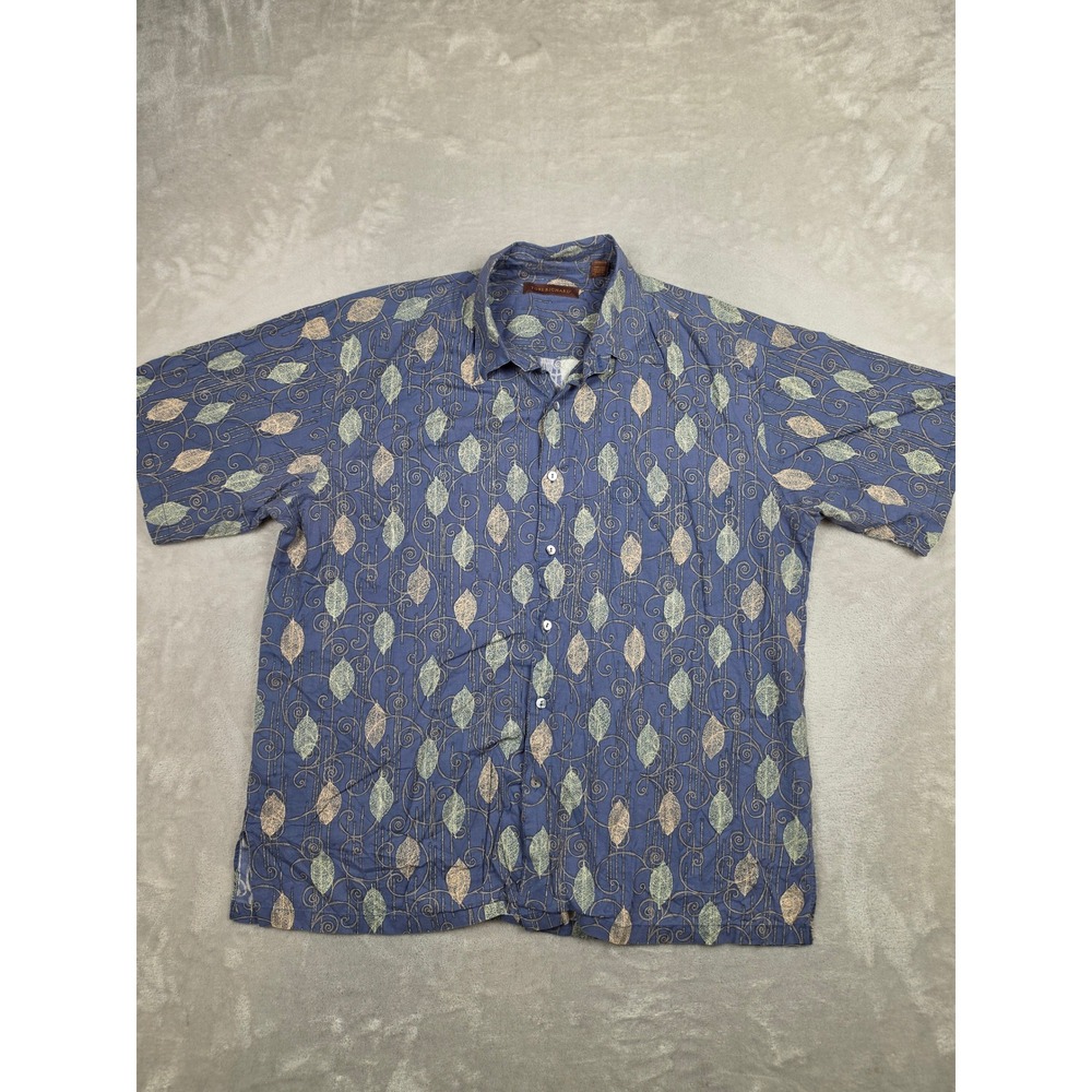 Vintage Tori Richard Button Up Shirt Mens L Blue Cotton Lawn Leaf Print USA Made